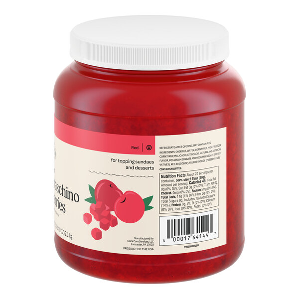 A large plastic jar of crushed maraschino cherries with a white lid and product label.
