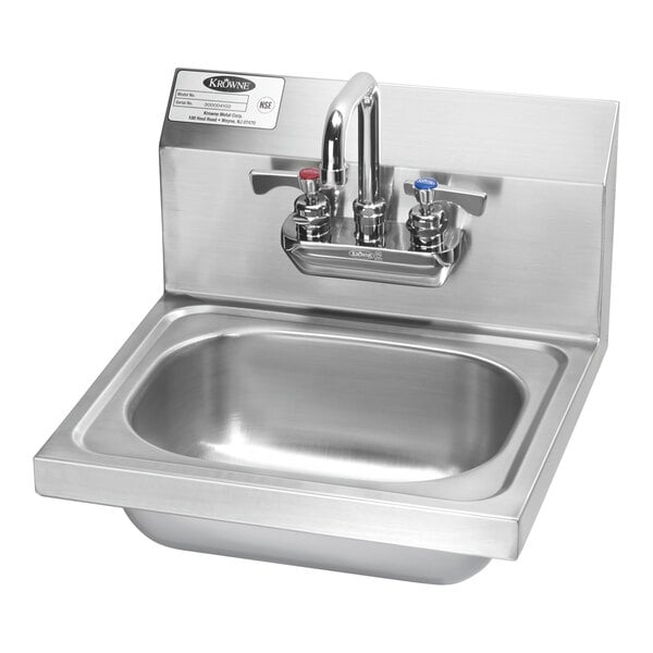 A stainless steel Krowne wall-mounted hand sink with a Royal Series faucet.