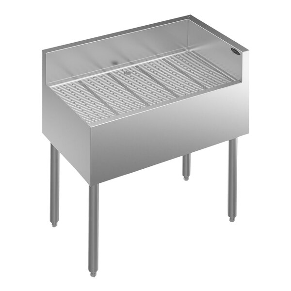 A Krowne stainless steel underbar corner drainboard with a right return.