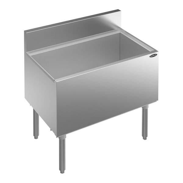 A Krowne Royal Series stainless steel underbar ice bin with a drain.