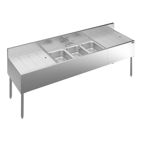 A Krowne Royal Series stainless steel underbar sink with 3 sinks, 2 drainboards, and a faucet.