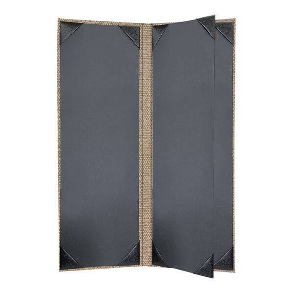 A black rectangular menu cover with a brown stripe and white border.