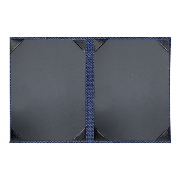 A black rectangular menu cover with a black frame and blue inserts.