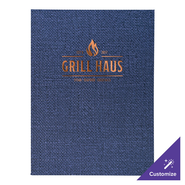 A blue fabric menu cover with gold text on the front.