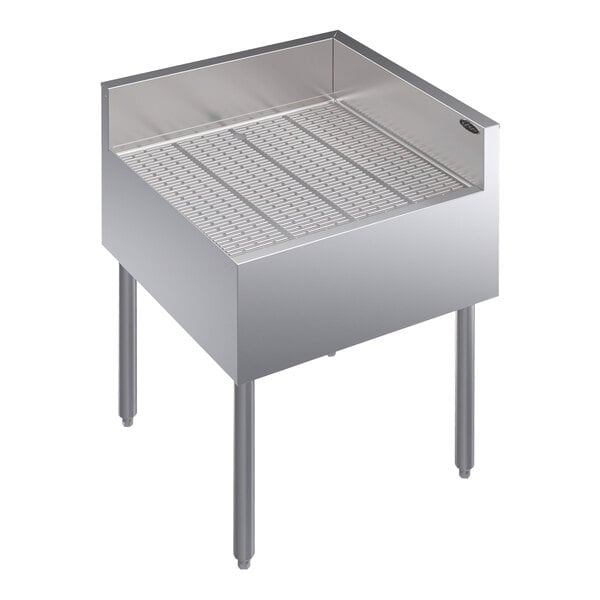 A Krowne stainless steel underbar corner drainboard with a right return.