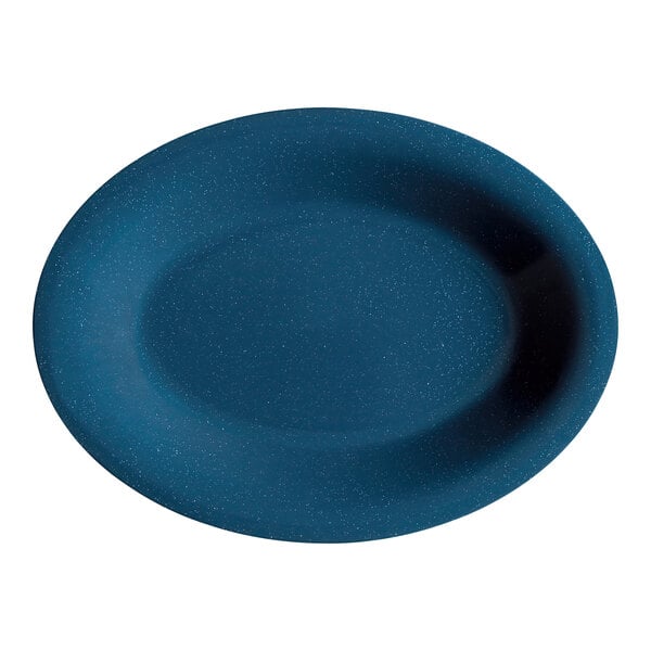 A Texas Blue oval platter with a speckled surface and dark blue rim.