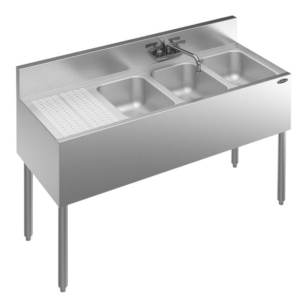 A Krowne stainless steel underbar sink with 3 bowls, a faucet, and a left drainboard.