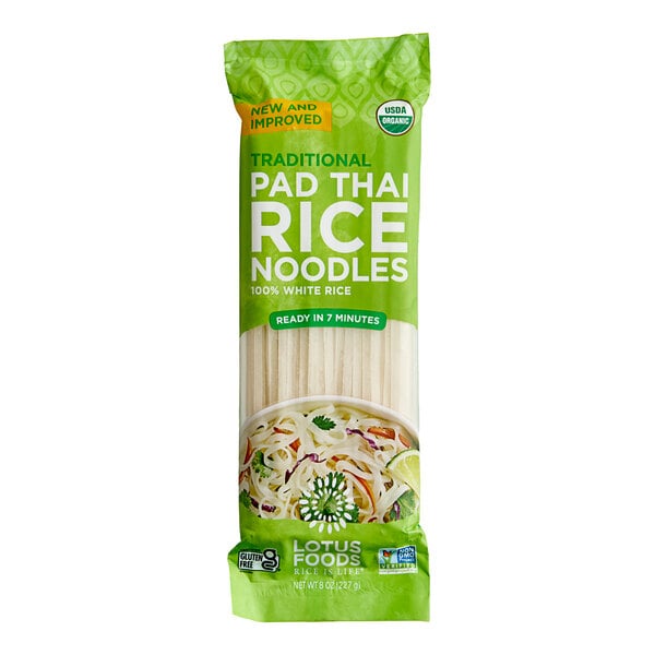 A package of Lotus Foods Organic Traditional Pad Thai Rice Noodles with green and white packaging.