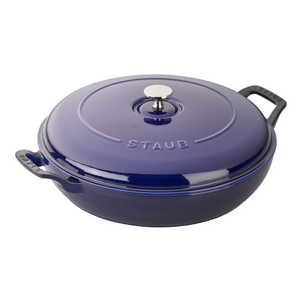 A dark blue round pot with a lid.