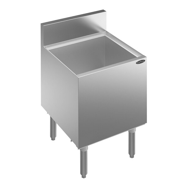 A Krowne Royal Series underbar ice bin with a stainless steel rectangular bottom and a drain.