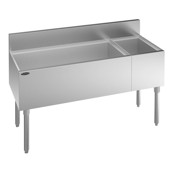 A Krowne Royal Series stainless steel underbar ice bin with bottle storage and left-side bin.