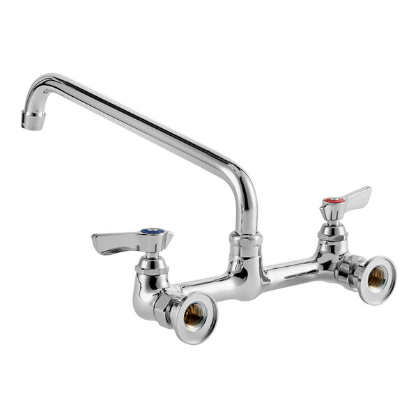A Krowne silver wall-mount faucet with 12" swing nozzle and lever handles.