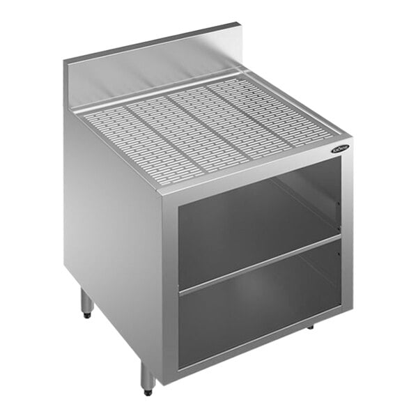 A Krowne stainless steel glass storage cabinet with a drainboard top and middle shelf.