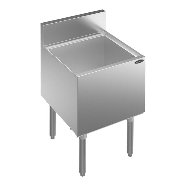 A Krowne Royal Series underbar ice bin with a stainless steel sink and drain.