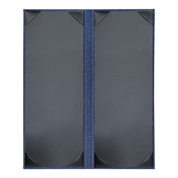 A grey rectangular menu cover with a blue border and band.