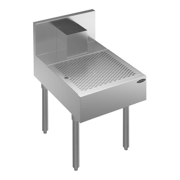 A stainless steel Krowne underbar beer drainer with a drain.