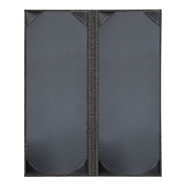 A grey rectangular menu cover with a black border and a black strip.
