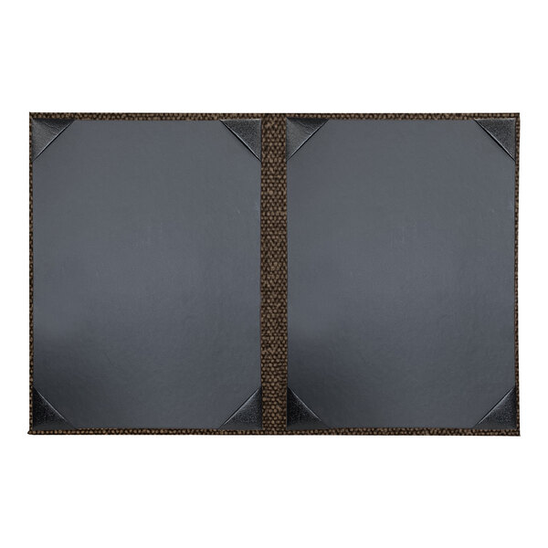 Two black and brown rectangular H. Risch, Inc. Milan menu covers with black frames.