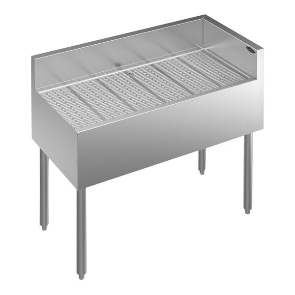 A Krowne stainless steel underbar corner drainboard with a right return.