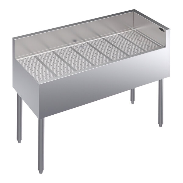 A Krowne stainless steel underbar corner drainboard with right return.