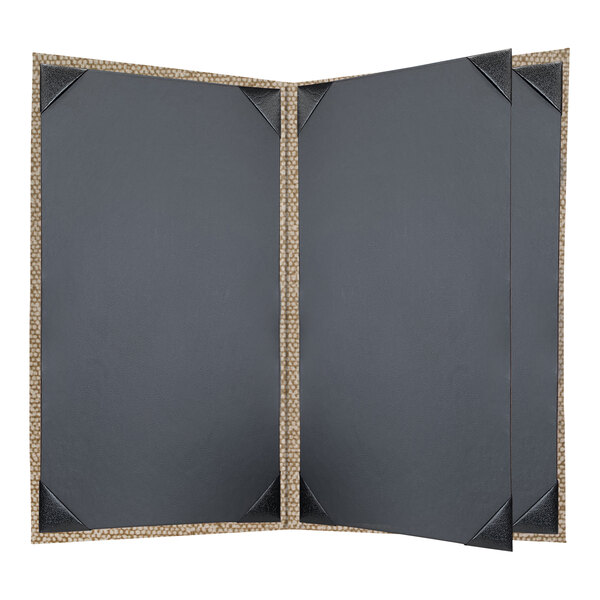 A black menu cover with a brown border.