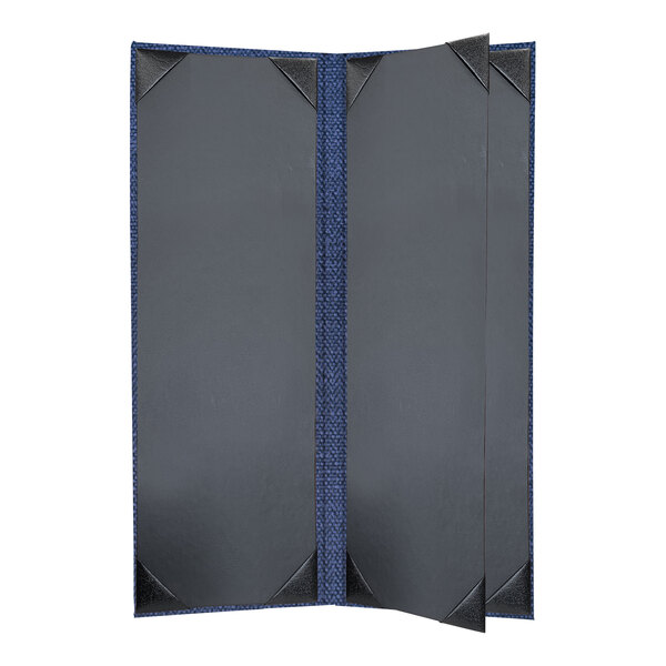 A black and blue fabric menu cover with four pages.