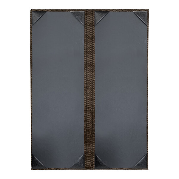 A grey rectangular menu cover with a brown border.