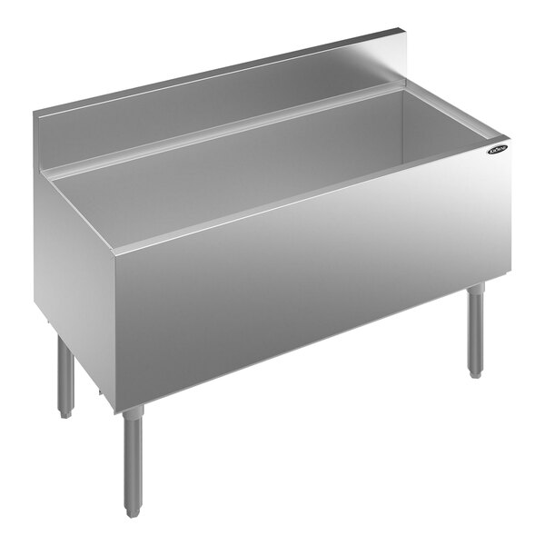 A stainless steel Krowne underbar ice bin with a 10 circuit cold plate on a counter.