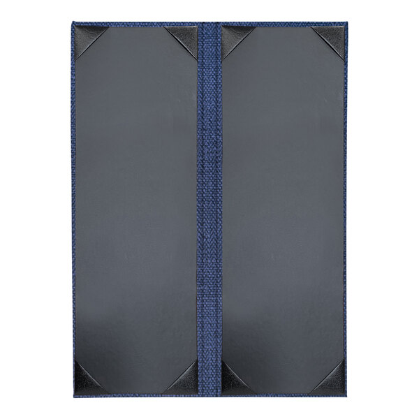 A grey rectangular menu cover with a blue border and stripe.