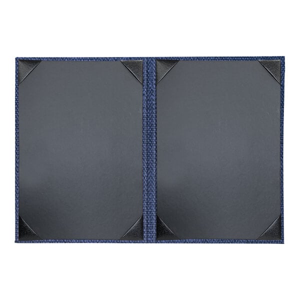 Two black rectangular H. Risch, Inc. menu covers with azure blue stitching.
