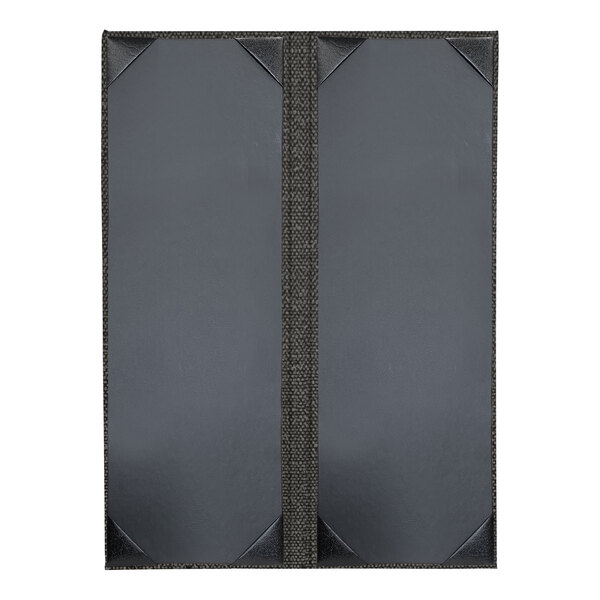 A grey rectangular menu cover with a black border and black stripe.