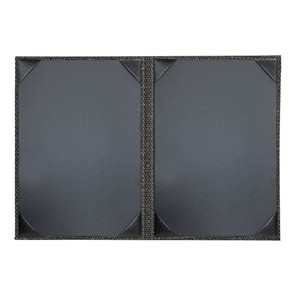 Two black rectangular H. Risch, Inc. menu covers with a black leather binding.