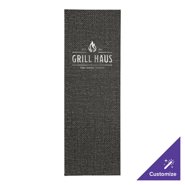 A purple menu cover with white customizable text.