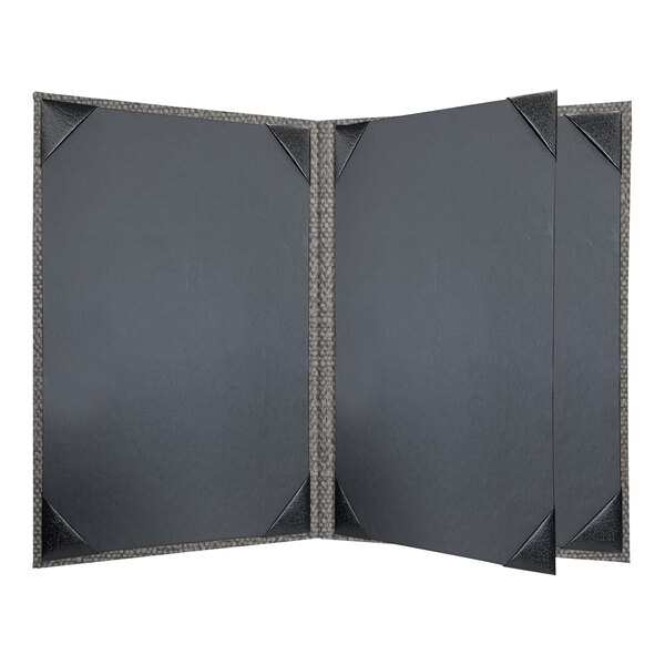 A black and grey customizable menu cover with black corners.