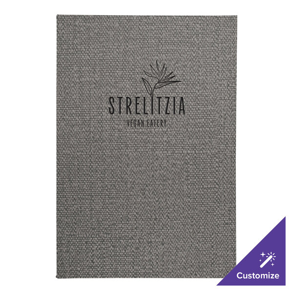 A customizable smoke grey menu cover with a fabric surface.