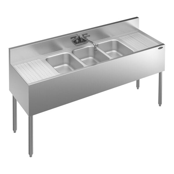 A Krowne stainless steel underbar sink with 3 bowls, 2 drainboards, and a faucet.