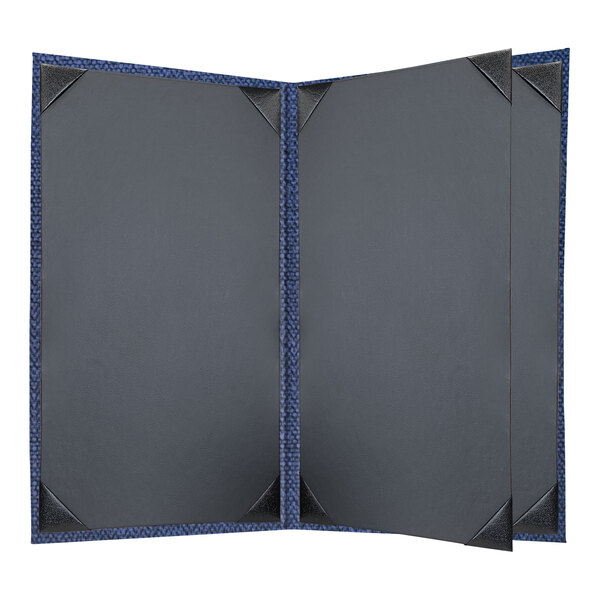A grey and blue menu cover with a folder design.