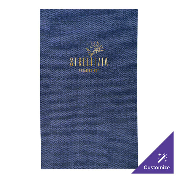 A blue fabric menu cover with gold text on it.
