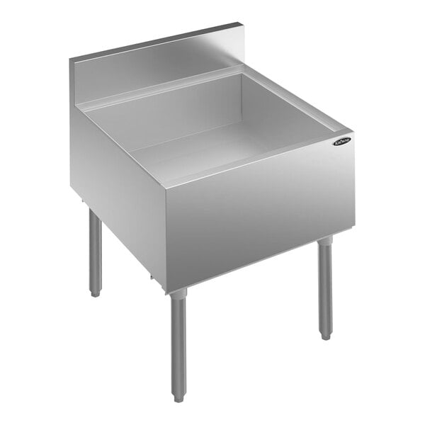 A Krowne Royal Series stainless steel underbar ice bin with a drain.