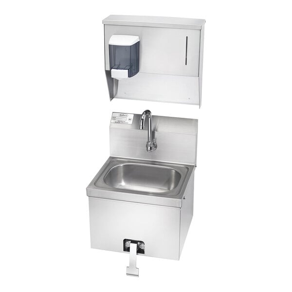 A stainless steel Krowne wall-mounted hand sink with a hand towel dispenser.
