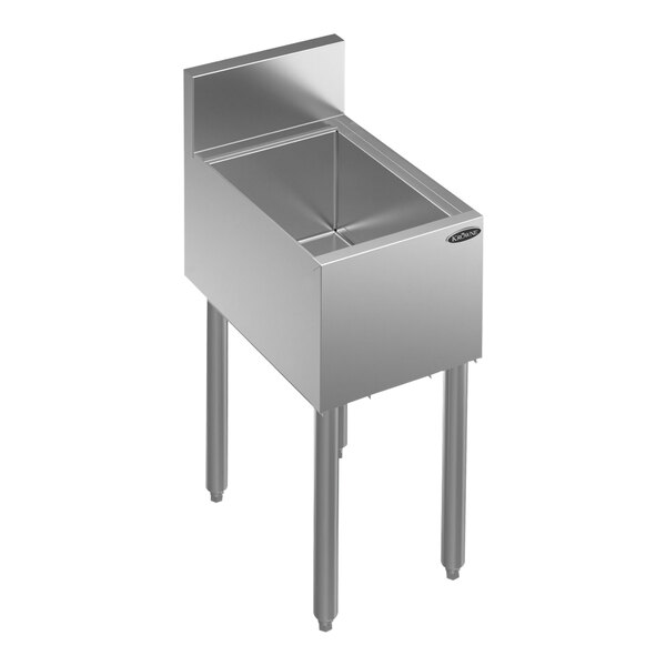 A Krowne Royal Series stainless steel underbar ice bin with a drain on it.