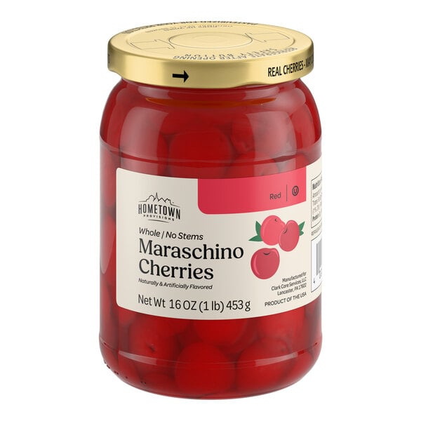 A 16-ounce jar of whole, stemless maraschino cherries.