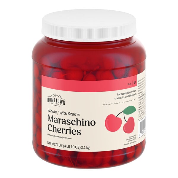 A large plastic jar of Hometown Provisions maraschino cherries with stems.