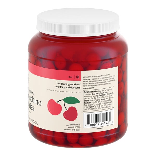 A large plastic jar filled with red maraschino cherries with stems and a white screw-on lid.