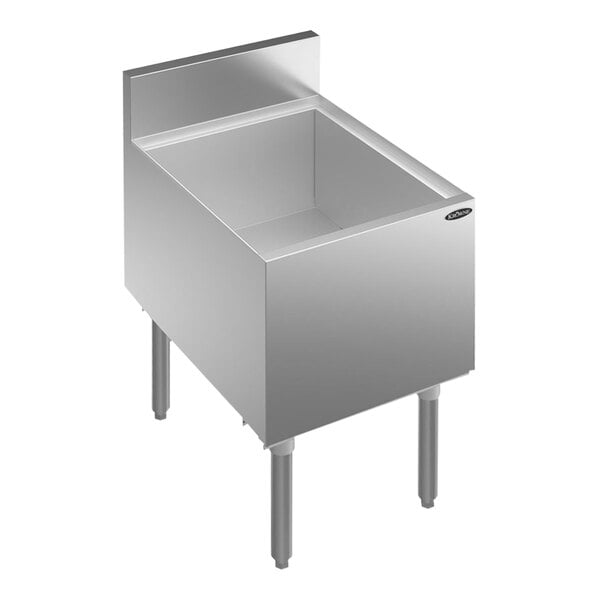 A stainless steel Krowne underbar ice bin with a post-mix cold plate on a counter.