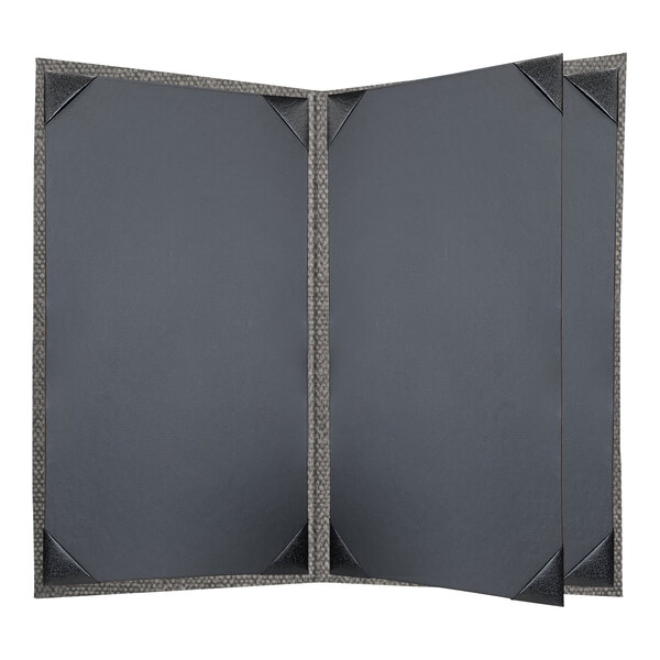 A grey menu cover with a black border.