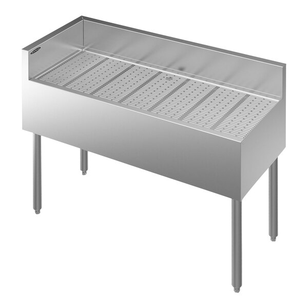 A Krowne stainless steel underbar corner drainboard with left return.