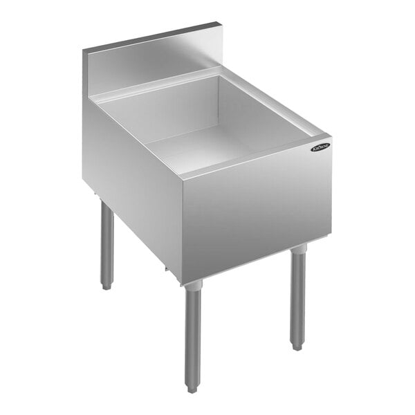 A Krowne Royal Series stainless steel underbar ice bin on a stand.