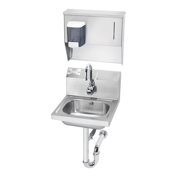 A Krowne stainless steel wall-mounted hand sink with soap and towel dispensers and a Royal Series electronic sensor faucet.