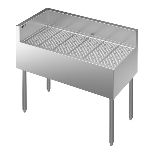 A stainless steel rectangular Krowne Royal Series underbar drainboard with a metal grate.